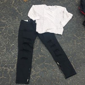 Quiksilver Roxy top shirt sweater black moto pants jeans lot of 2 white